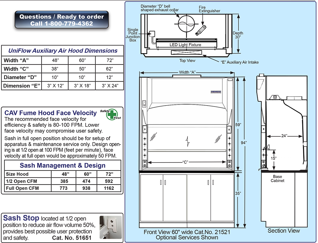 Auxiliary Air Fume Hoods
Specifications